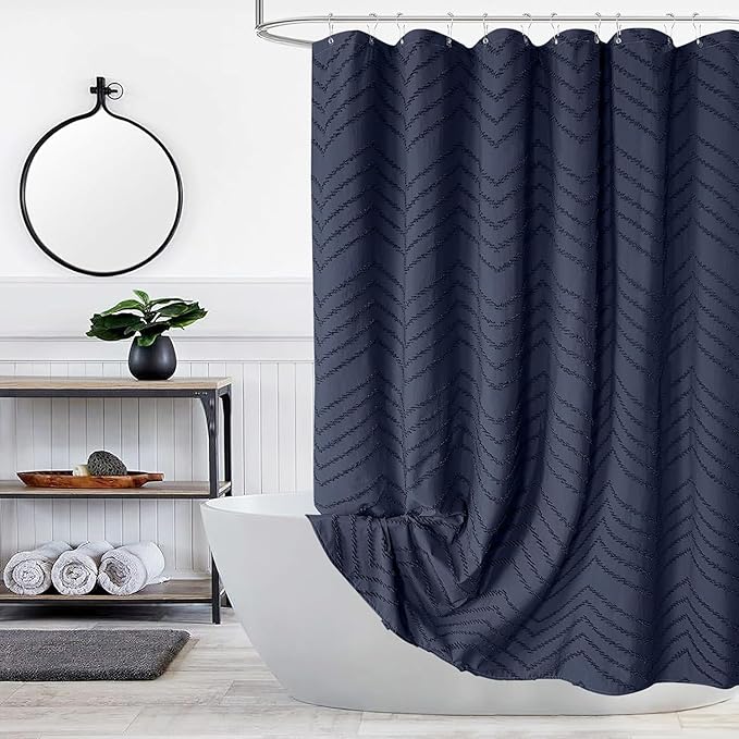 78 Inches Long Boho Tufted Chevron Striped Fabric Shower Curtain Navy Blue 72x78 Tall Minimalist Waterproof Cloth Shower Curtain, Wrinkle Free
