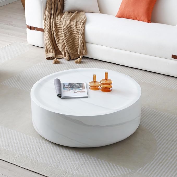 Marble Coffee Table, Modern Round Coffee Table, Circle Drum Coffee Tables, Fiberglass Center End Table for Living Room Apartment Office, No Assembly (31.49" Faux Marble White)