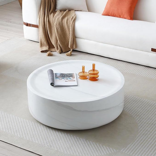 Marble Coffee Table, Modern Round Coffee Table, Circle Drum Coffee Tables, Fiberglass Center End Table for Living Room Apartment Office, No Assembly (31.49" Faux Marble White)
