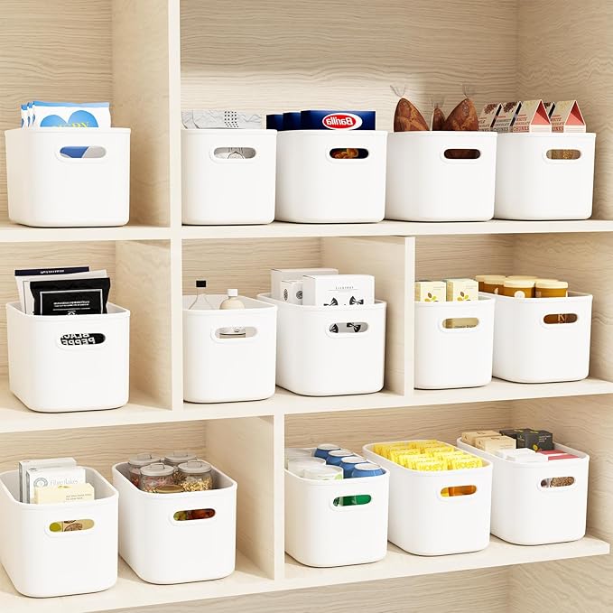 12 Pack White Plastic Storage Bins, Storage Container for Organizing, Storage Boxes with Handle for Shelves, Cute Organizer Bins for Craft, Snacks, Pantry, Cabinet, 9.69x6.7x5.7 inch