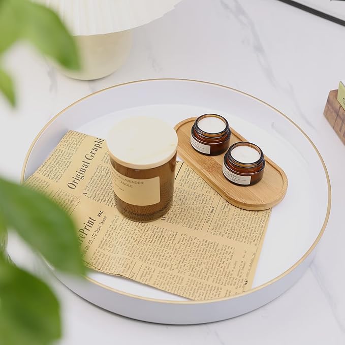 White Round Decorative Tray with Handles, 13" Versatile Serving Tray for Coffee Table, Ottoman, Ideal for Serving, Displaying, Organizing