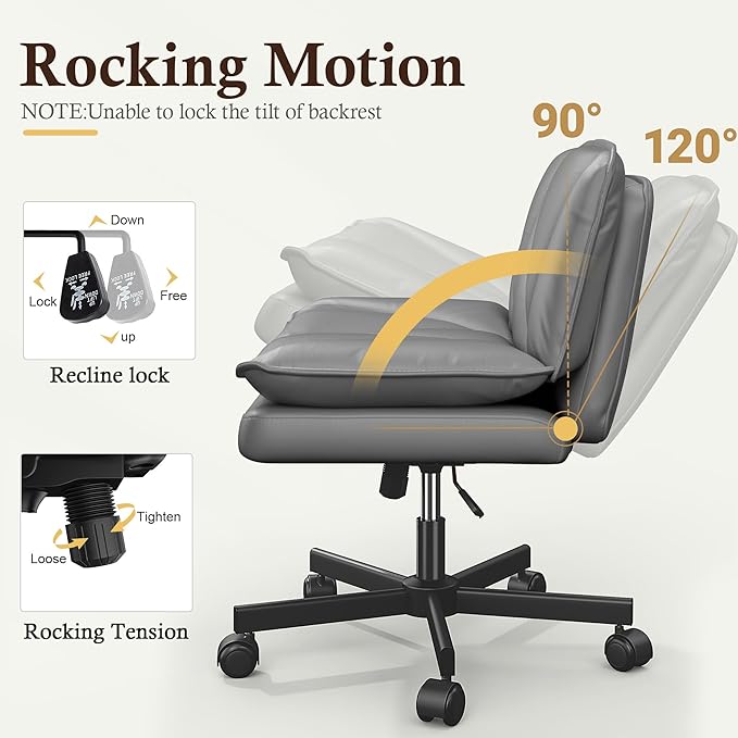 Armless Criss Cross Chair with Wheels, Leather Cross Legged Office Chair with 2-Layer Cushion,Swivel Modern Home Office Desk Chair 25.5" Wide Seat Height Adjustable for Craft Room,Vanity,Grey