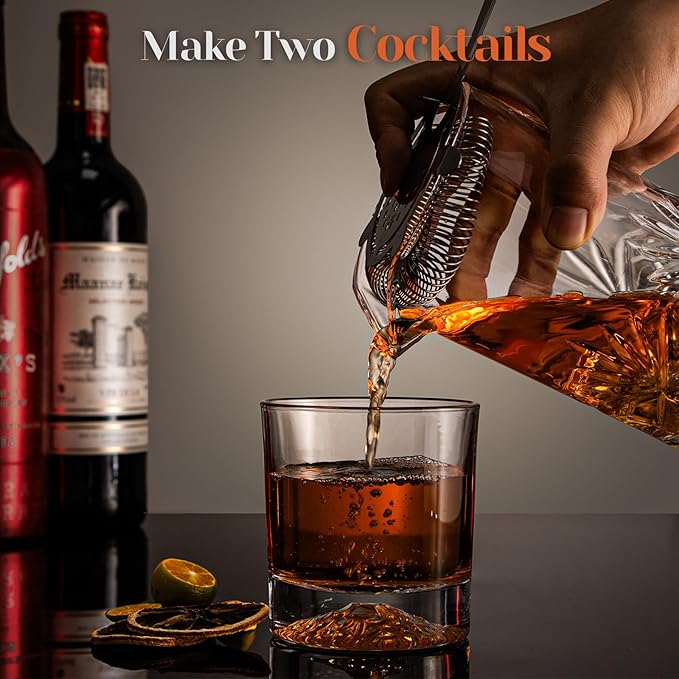 Cocktail Mixing Glass, veecom 18oz Crystal Bartender Kit, 5 Piece Bar Mixing Glass Old Fashioned Cocktail Kit with Strainer, Muddler, Spoon, Jigger, Cocktail Mixer