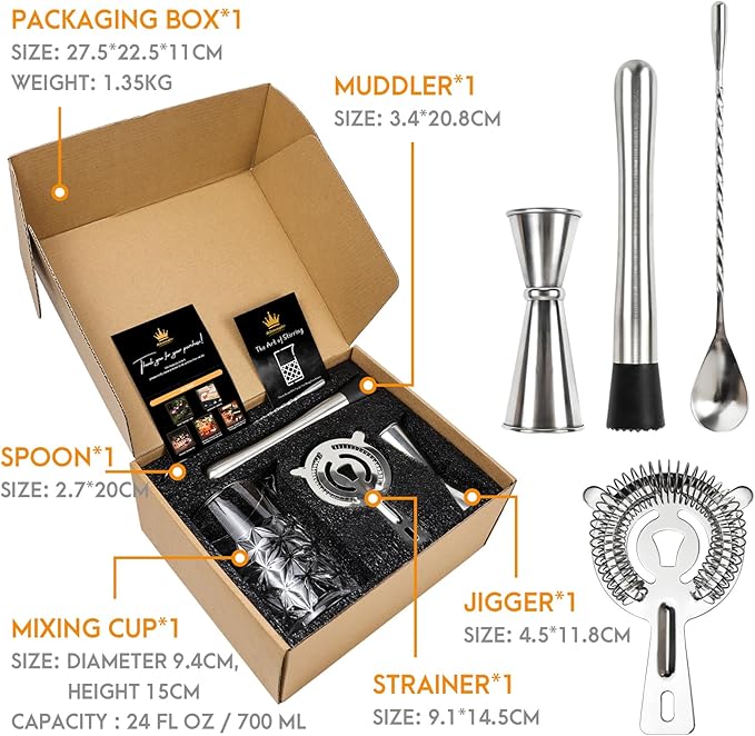 Cocktail Mixing Glass Kit, 24 OZ Crystal Stirring Glass with Stainless Steel Bar Tools – 2 OZ 1 OZ Jigger, Muddler, Strainer, Spoon, Recipe – Bartender Gifts for Men, Elegant Barware for Home & Party