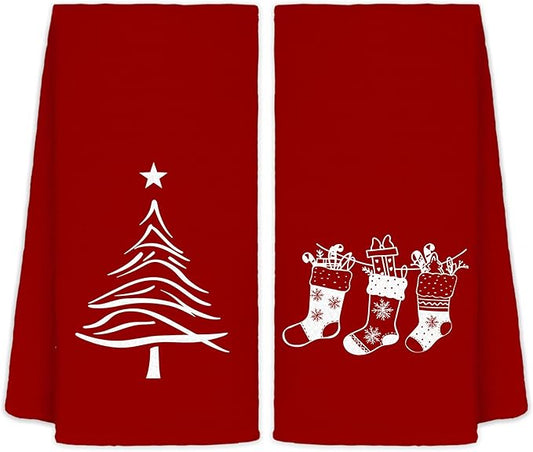 Red Christmas Kitchen Towels Set of 2, Stocking Tree Decorative Hand Towels for Bathroom, Christmas Dish Towels for Kitchen, Christmas Kitchen Bathroom Decor, 16x24 Inches