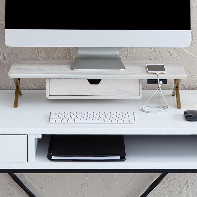 Anji Mountain Monitor Stand - Desktop Organizer & Laptop Riser, Ergonomic Monitor Riser, Space-Saving Monitor Stand for Desk, Durable Construction, Easy Assembly, Ideal for Home & Office,White Wash