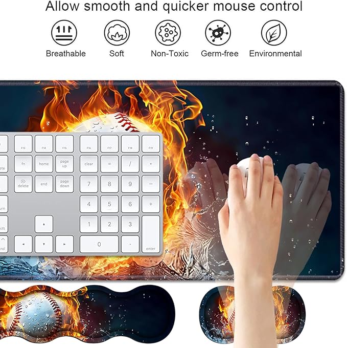 4 in 1 Ergonomic Keyboard Wrist Rest & Mouse Pad Wrist Rest Set, Large XXL Gaming Desk Mat 31.5"x 11.8" with Non-Slip Base, Memory Foam for Home Office Study Gaming, Burning Baseball Fire and Water