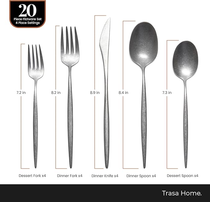 Luxury Vintage Flatware 20-Piece Set – Service for 4, Premium Stainless Steel with Weighted Handles, Aged Heirloom Finish, Dishwasher Safe, Elegant and Modern Cutlery (Vintage Silver)