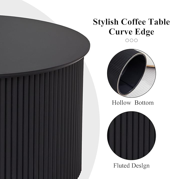 Fluted Round Nesting Coffee Table Set of 2, Mid Century Modern Wood Coffee Table and End Table Set, Minimalist Center Tables Circle Side Table for Living Room, Office(Black
