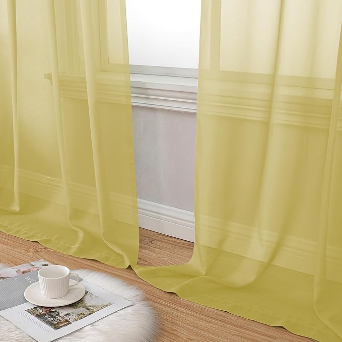 Aiyufeng Yellow Sheer Curtains 63 Inches Long 2 Panels Set, Semi Transparent Voile Rod Pocket Sheer Window Drapes for Bedroom Bed Canopy Living Room Dining Wedding Party Backdrop, 40W x 63L inch