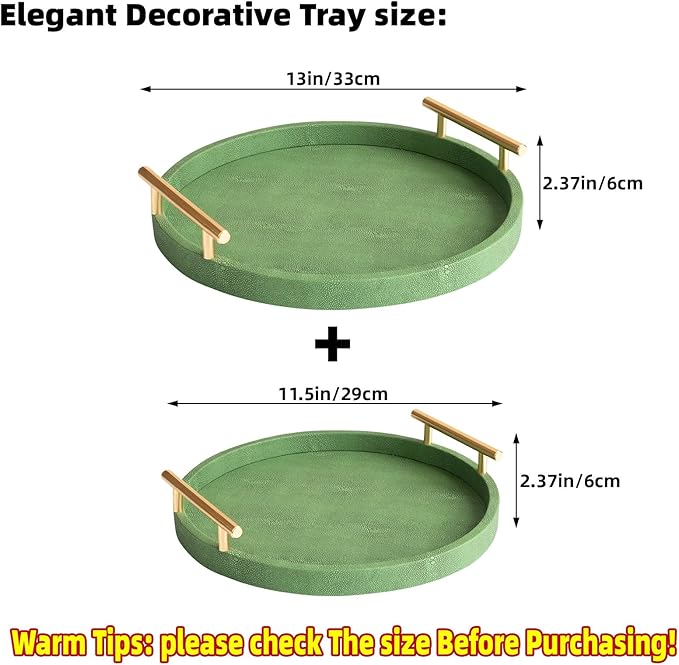 Faux Shagreen Tray, Set of 2 Round Decorative Tray with Gold Polished Metal Handles, Serving Trays Coffee Table Ottoman Trays for Living Room Bathroom Vanity Home Decor (Green)