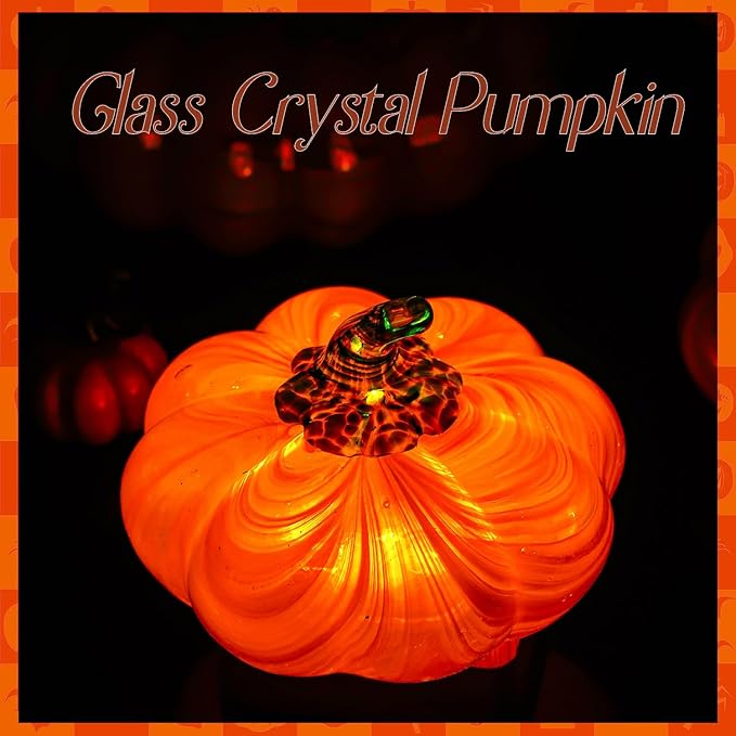 H&D HYALINE & DORA Halloween Glass Pumpkin Collectible Figurine, Blown Glass Pumpkin Fall Decorations for Home Fall Harvest Thanksgiving, Orange Crystal Art Pumpkin Paperweight