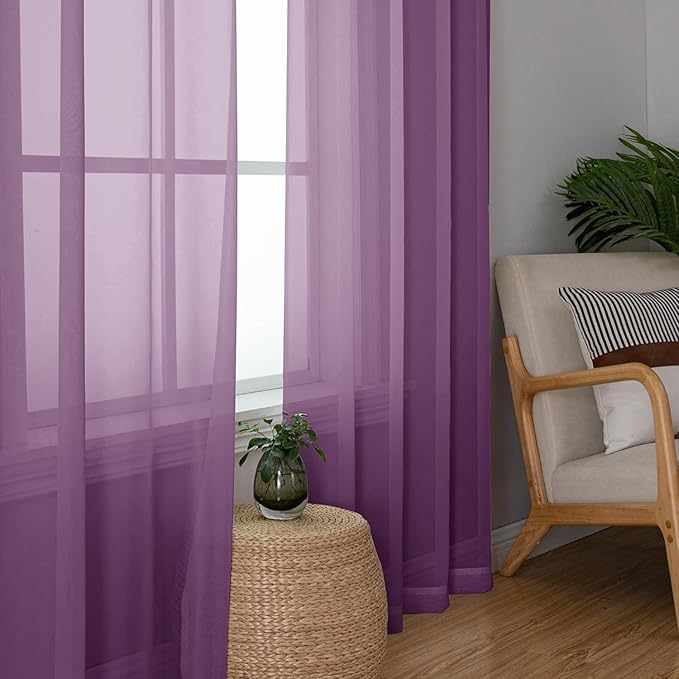 Aiyufeng Plum Purple Sheer Curtains 96 Inches Long 2 Panels, Solid Voile Top Dual Rod Pockets Stylish Breathable Drapes Window Treatment for Kid's Room/Bedroom/Living Room, 42W x 96L inches