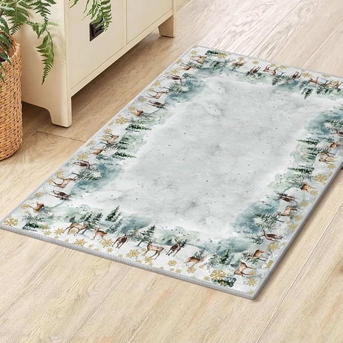 Artoid Mode Deer Snowflakes Pine Tree Christmas Door Mat, Xmas Winter Home Decor Low-Profile Non-Slip Washable Area Rug for Kitchen Entryway Bedroom Bathroom Laundry Room Indoor 2x3 Feet