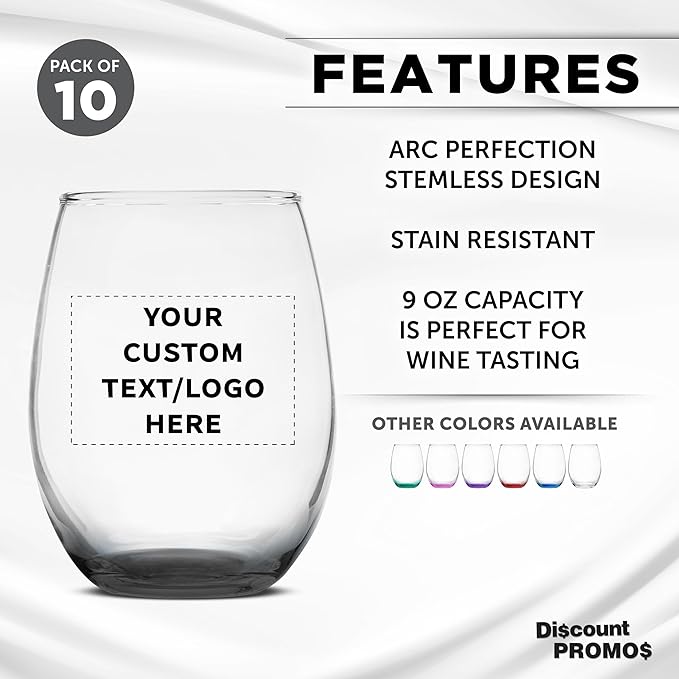 DISCOUNT PROMOS Custom Stemless Wine Glass 9 oz. Set of 10, Personalized Bulk Pack - Great for Wedding Favors, Bachelorette Party Decorations, Party Favors, Color Bottom - Black