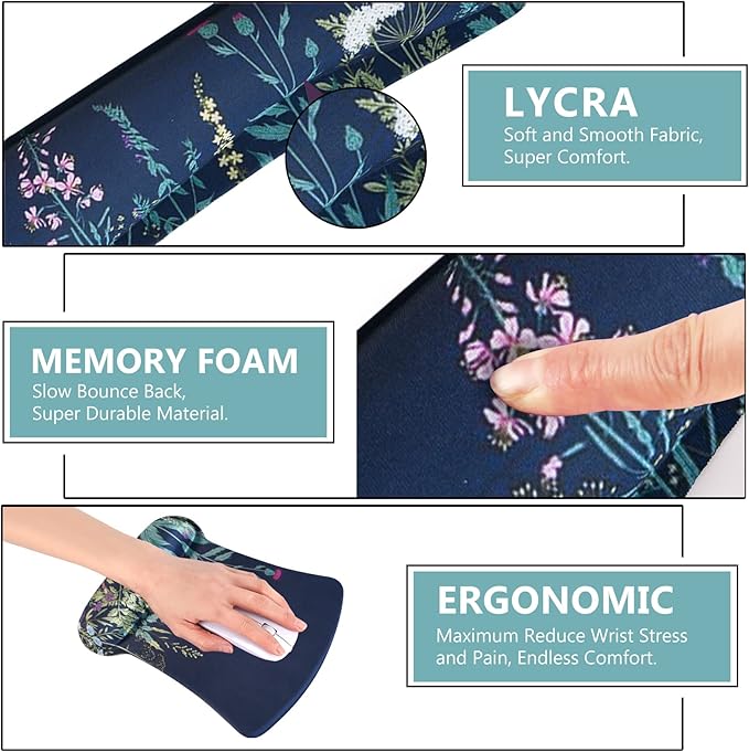 AIMSA Ergonomic Keyboard Wrist Rest and Mouse Pad with Wrist Support Set, Memory Foam Non-Slip Rubber Base, for Home, Office, Easy Typing, Pain Relief, Flowers Plants