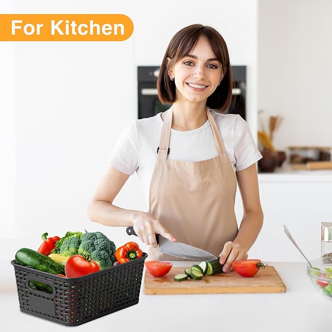 Black Plastic Storage Baskets - Pack of 8 with Labels Stackable Durable Storage Bins, Storage Containers for Organizing Desktops, Closets, Playrooms, Classrooms, Offices