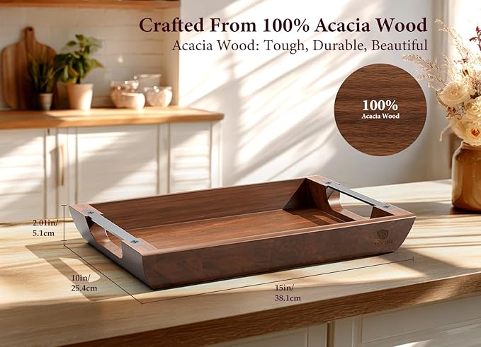 Acacia Wood Serving Tray with Metal Handles, 15x10 Inch Decorative Tray for Coffee Table Ottoman - Rustic Wooden Breakfast & Drink Tray, Farmhouse Centerpiece