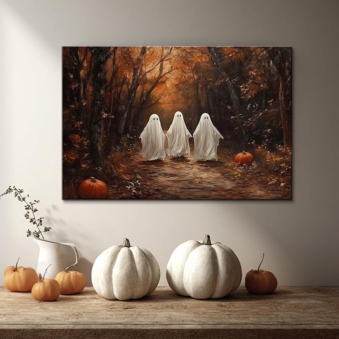 BANHUA1 Vintage Halloween Canvas Wall Art, Cute Ghosts in Haunted Forest Pictures Print, Funny Spooky Lighted Pumpkin Wall Decor for Home, Living Room, 18 x 12 Inch