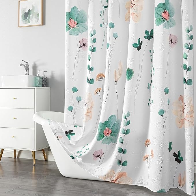 QiyI Watercolor Floral Shower Curtain, 3D Embossed Butterflies Teal Beige Flower Bathroom Curtain, Minimalist White Cloth Bath Curtains, Waterproof Fabric Textured Shower Curtain Set with Hooks, 72x72