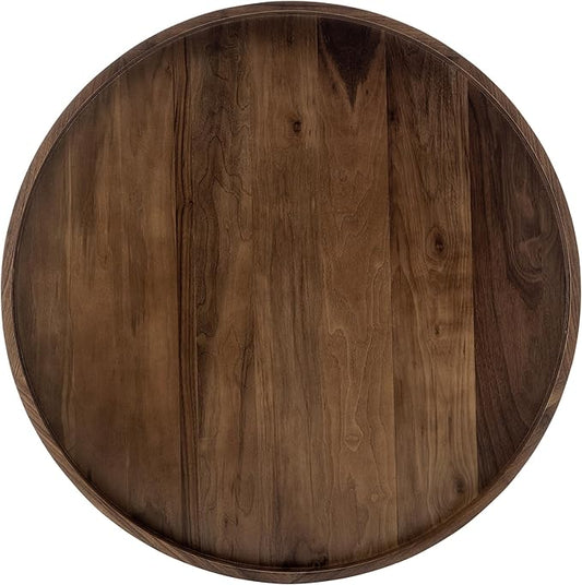 30 x 30 inches King Sized Round Ottoman Table Tray, Oversized Solid Wooden Black Walnut Decorative Serving Tray with Handles, Extra Large Circle Platter for Oversized Ottoman Bed