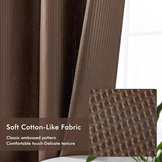 Mrs Awesome No Hook Shower Curtain with Snap-in Liner, Embossed Waffle Design Fabric Shower Curtain for Bathroom, Soft & Lightweight, 71x74, Chocolate