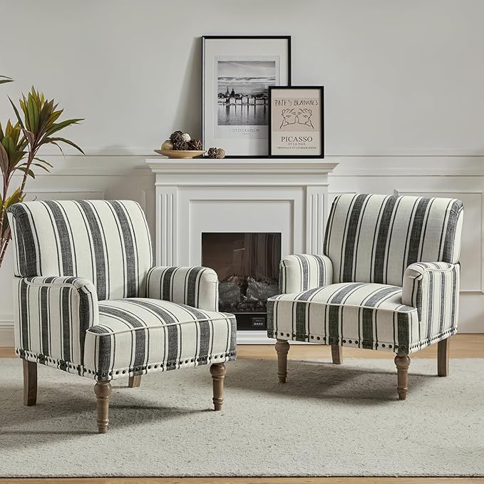 HULALA HOME Modern Armchairs Set of 2 with Wooden Legs & Nailhead Trim, Comfy Upholstered Accent Chairs for Living Room Bedroom Office(Stripe Pattern, Black)