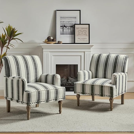 HULALA HOME Modern Armchairs Set of 2 with Wooden Legs & Nailhead Trim, Comfy Upholstered Accent Chairs for Living Room Bedroom Office(Stripe Pattern, Black)