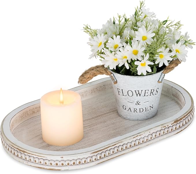 Hanobe Decorative Serving Tray Wood: White Washed Bead Oval Tray for Coffee Table Rustic Wooden Trays Decor Farmhouse Kitchen Counter Tray Vintage Centerpiece for Living Room Home Organizer