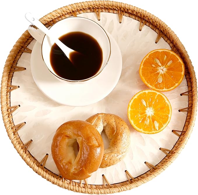 Round Rattan Tray with Mother of Pearl Inlay & Wooden Base - Decorative Wicker Serving Tray for Coffee/Bread/Fruits, Food Storage & Display - Multipurpose Home Decor (L,White Leaves)