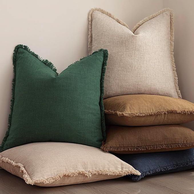 Foindtower Set of 2 Decorative Linen Fringe Throw Pillow Covers Cozy Boho Farmhouse Cushion Cover with Tassels Soft Accent Pillowcase for Couch Sofa Bed Living Room Home Decor, 20×20 Inch, Pine Green