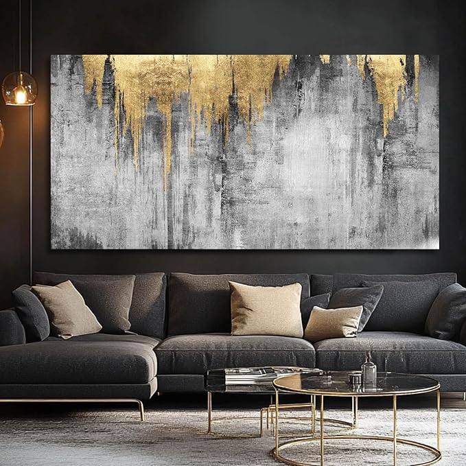 Abstract Wall Art for Living Room Canvas Wall Decor Gold Wall Decorations Grey Wall Paintings Large Pictures Artwork for Office 29"x58"