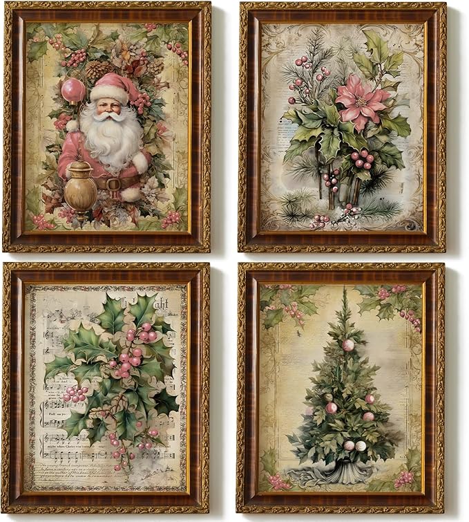JXREQ Vintage Christmas Pictures Wall Decor Prints,Pink Christmas Wall Art Decorations for Home Kitchen Bedroom Bathroom Living Room Office,Santa Claus Xmas Tree Decor Prints Set of 4,8x10 Unframed