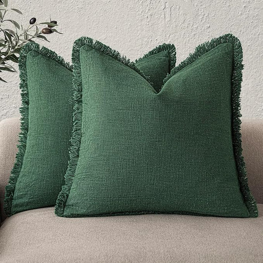 Foindtower Set of 2 Decorative Linen Fringe Throw Pillow Covers Cozy Boho Farmhouse Cushion Cover with Tassels Soft Accent Pillowcase for Couch Sofa Bed Living Room Home Decor, 26×26 Inch, Pine Green