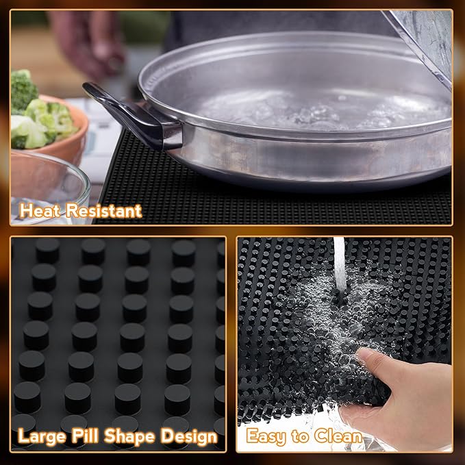 Tioncy 4 Pcs Bar Mat for Countertop 24 x 12 Inch Non Slip Rubber Mat Service Spill Cocktail Bartending Coffee Bar Mats for Hot Dishes Restaurants Barbershop Clippers Hot Pads, Black