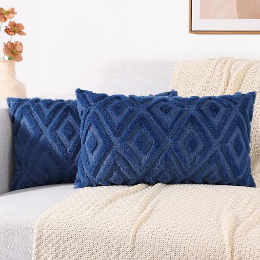 decorUhome Couch Throw Pillow Covers 12x20 Set of 2, Decorative Soft Plush Faux Wool Lumbar Neutral Accent Pillow Covers for Bed Sofa Living Room, Blue