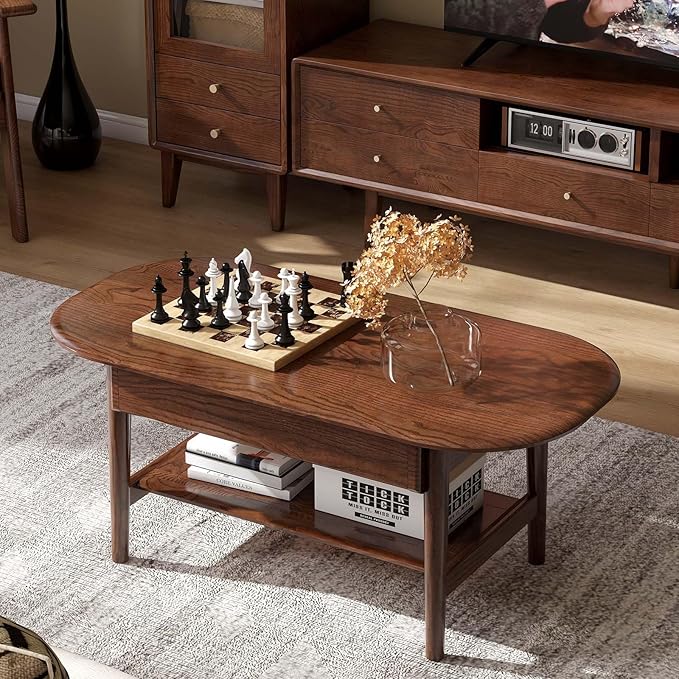 100% Solid Oak Wood Coffee Table for Living Room, 2-Tier Mid Century Modern Living Room Table with 2 Drawers & Open Shelf, Coffee Table with Rounded Corner for Home (Oak Walnut Finish, 39.37'' W)