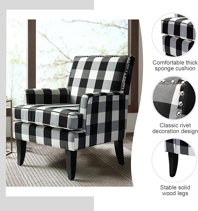 HULALA HOME Modern Accent Chair with Arms and Wooden Legs, Buffalo Plaid Accent Chair Armchair High Back Rest, Padded Armrest and Comfortable Cushioned Seat for Living Room (Buffalo Black)