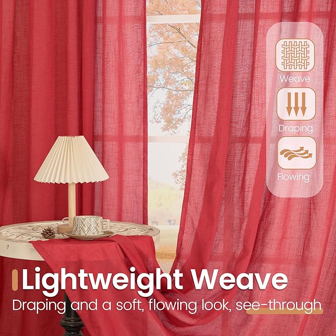 BGment Semi Sheer Red Curtains for Living Room 80 Inch Length - Linen Textured Rod Pocket Light Filtering Window Drapes for Bedroom Lightweight Rustic Christmas Decor, 2 Panels Set, 52 X 80 Inch