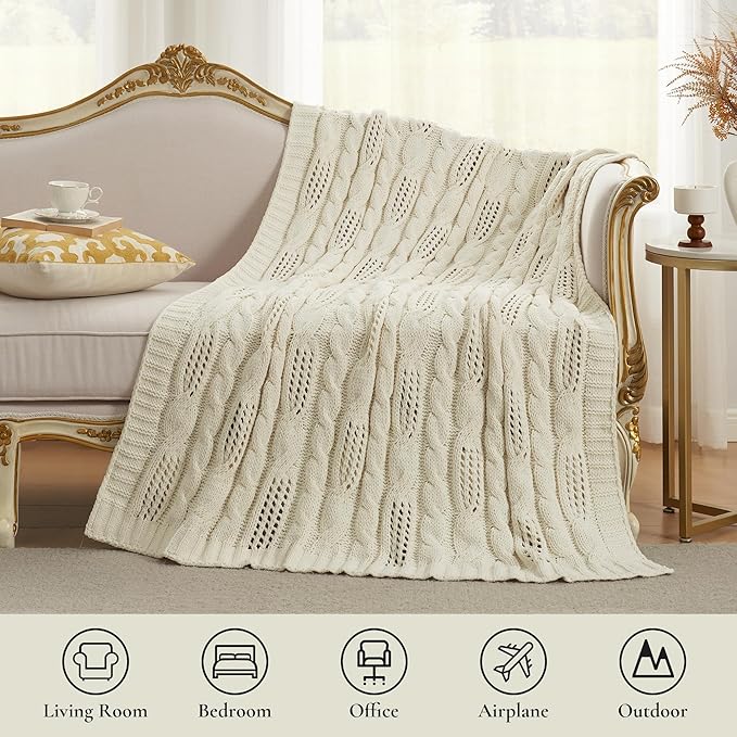 Amélie Home Chunky Knit Throw Blanket, Dual-Sided Soft Chenille Breathable Cable Knitted Blanket for Couch, Farmhouse Decorative Throw for Sofa & Chair, 50"x60", Ivory