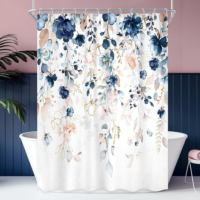 Small Stall Flower Shower Curtain 54Wx78H Inch Blue Pink Floral Spring Wilfflower Rustic Eucalyptus Leaf Boho Plant Botanical Bathroom Set Girls Bath Curtain Bathtub Accessories Home Decor