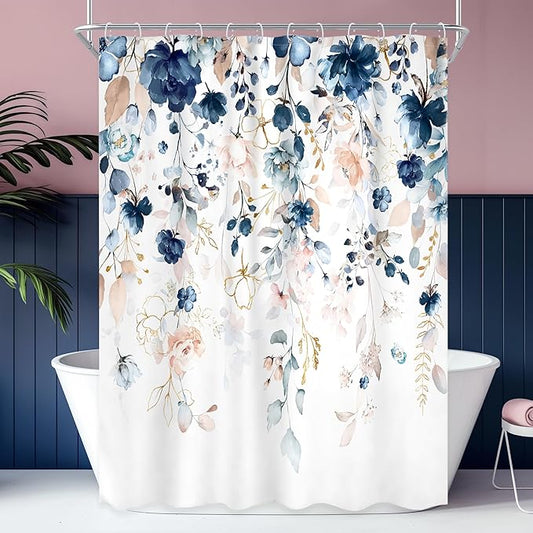 Small Stall Flower Shower Curtain 54Wx78H Inch Blue Pink Floral Spring Wilfflower Rustic Eucalyptus Leaf Boho Plant Botanical Bathroom Set Girls Bath Curtain Bathtub Accessories Home Decor
