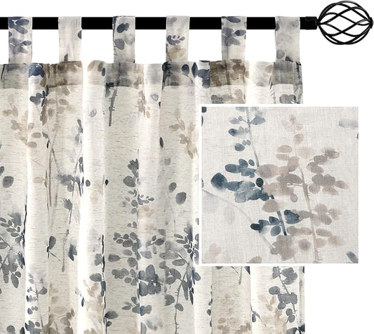 H.VERSAILTEX Linen Sheer Curtains for Living Room Sheer Panels 95 Inches Long Light Filtering Tab Top Window Treatment Drapes for Bedroom, 2 Panels, Vintage Classical Floral Print Bluestone and Taupe