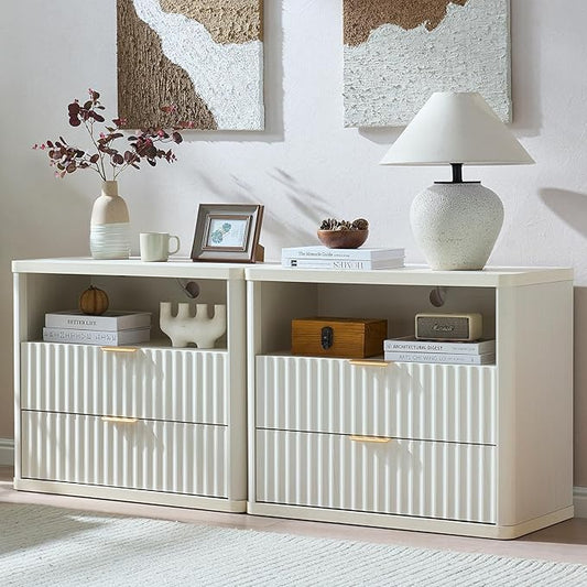 LEYAOYAO 31" Wide Fluted Nightstand Set of 2 with Charging Station, Oversized Extra Large 2 Drawers Night Stand,White Wood Bedside Table,Tall End Tables,Modern Chest of Drawers Dressers for Bedroom