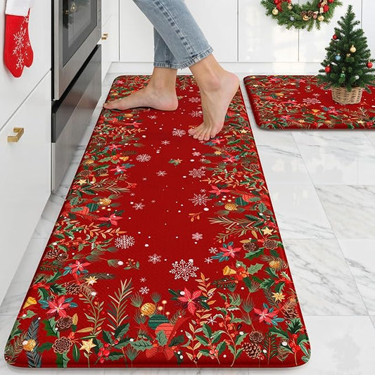Christmas Kitchen Rugs Anti Fatigue - Christmas Kitchen Mat Sets of 2, Cushioned Non-Skid Waterproof Vintage Floral Christmas Decorations Gift for Holiday Floor Decor Home Laundry Sink(Red)