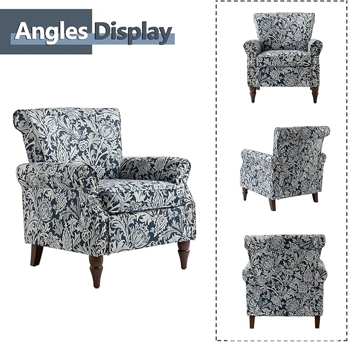 HULALA HOME Modern Wingback Accent Chair with Wood Legs & Removable Cushion, Comfy Upholstered Armchair with Nailhead Trim, Floral Pattern Single Sofa Chair for Living Room Bedroom, Navy