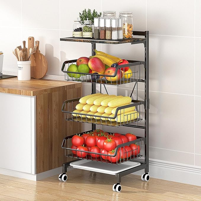 Kitchen Utility Cart with Wooden Top and 3 Adjustable Baskets - Height-Adjustable Rolling Storage Organizer with Locking Wheels for Pantry, Fruits, Vegetables, Snacks