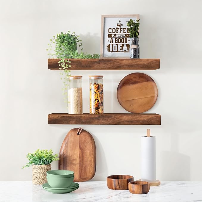 Sorbus Wood Floating Shelves for Wall - 16” Solid Wood Wall Shelves for Bathroom Decor, Books, Bedroom & Living Room - Set of 2 Walnut Wall Mounted Kitchen Shelves - Durable Solid Pine