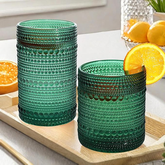 Vintage Hobnail Driinking Glasses Set, Glassware Drinking Set of 8, 12 oz Highball Glasses & 10 oz Cocktail Glasses, Tumbler Glasses for Cocktails, Whiskey, Juice, Milk