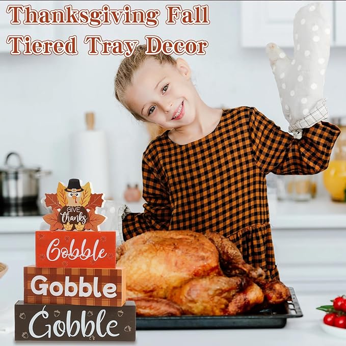 4 Pcs Thanksgiving Fall Tiered Tray Decor Fall Tabletop Decor Turkey Wooden Signs Thanksgiving Centerpiece Rustic Wood Turkey Block Sign Wood Farmhouse Vintage Ornaments for Home Kitchen Mantel